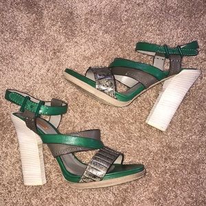 Green leather gray crocodile leather strappy heels